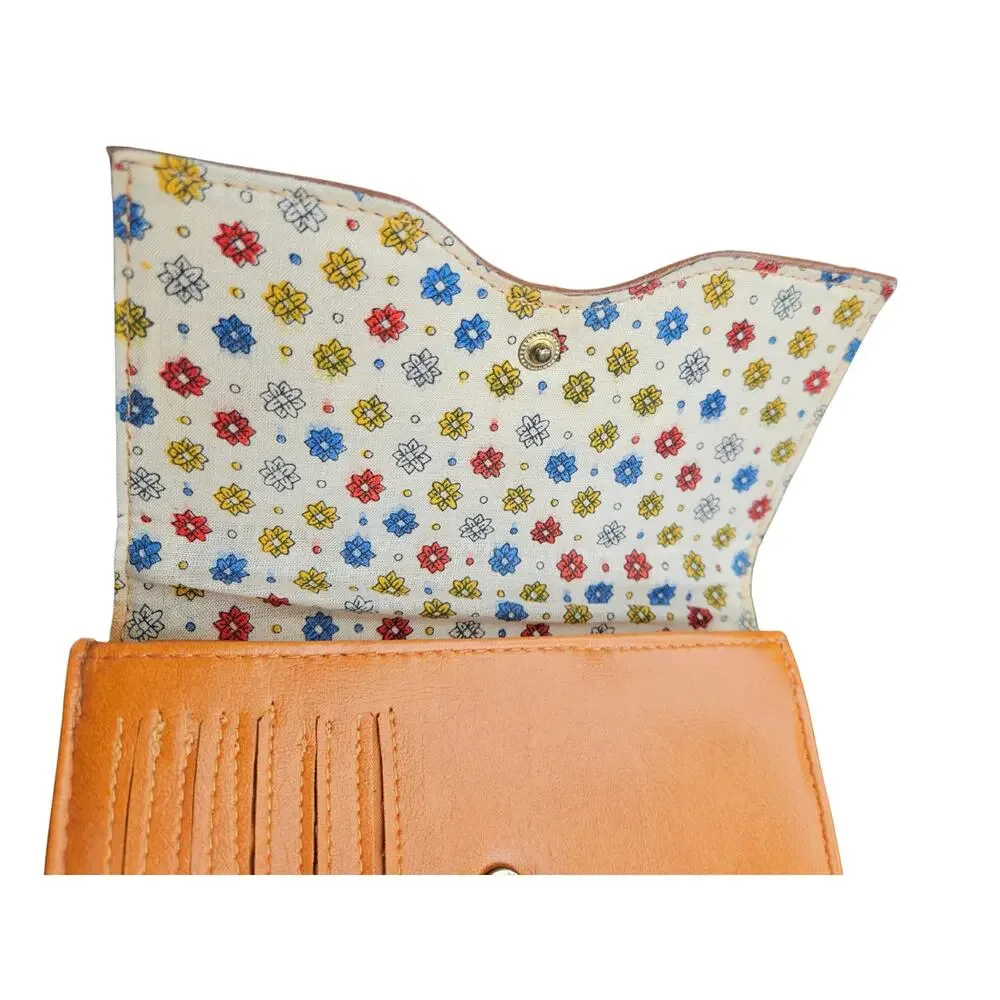Orange Quilted Faux Leather Compartmentalized Checkbook Wallet Brown Trim